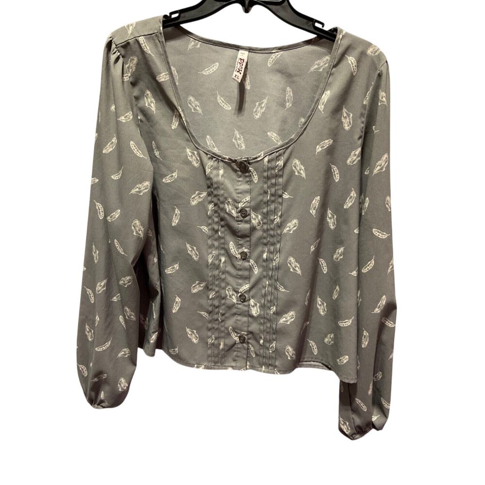 MUDD Women's XL Long Sleeve Top Grey Leaf‎ Design Pleated Lightweight